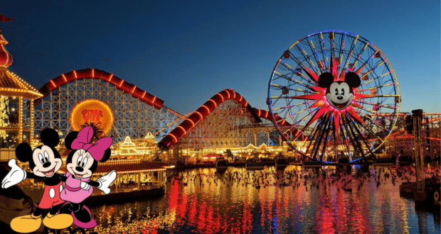 Disney California Adventure lights up at night with the dazzling Pixar Pal-A-Round Ferris wheel, the thrilling Incredicoaster, and iconic Mickey and Minnie Mouse center stage—embodying the vibrant energy of a can’t-miss One Day Event for Disney Junior fans.
