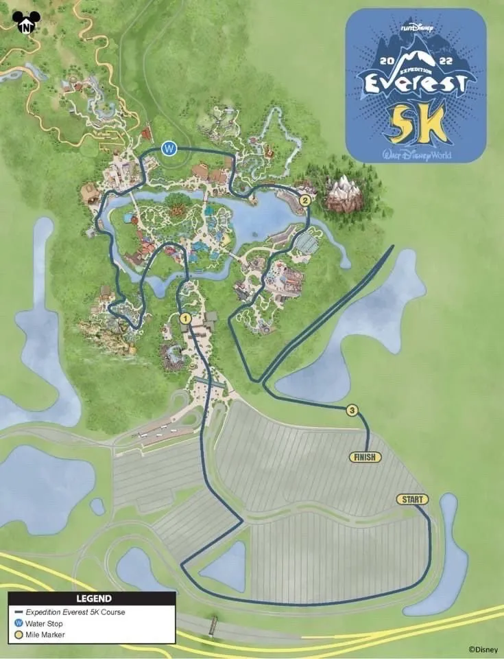 Illustrated route map of the 2022 Expedition Everest 5K at Disney World, featured in the runDisney Springtime Surprise event, highlighting the race’s start and finish lines plus a themed water stop along the course.