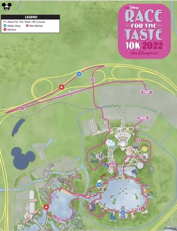 Disney World map highlighting the Race for the Taste 10K course for runDisney’s Springtime Surprise, with colorful markers showing water stops, mile locations, and medical stations winding through the park’s iconic attractions.
