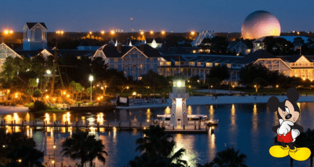 Nighttime at a Disney Resort waterfront, where Mickey Mouse greets guests in the lower right corner amidst sparkling lights and enchanting views, setting the stage for an unforgettable Disney vacation adventure.