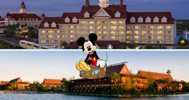 An illustration of a character in front of two resort buildings at Walt Disney World. The top is large and ornate with many lights, while the bottom boasts a Polynesian theme by the water. A playful character sits atop the dividing line, offering a charming alternative for those seeking magical splurges.