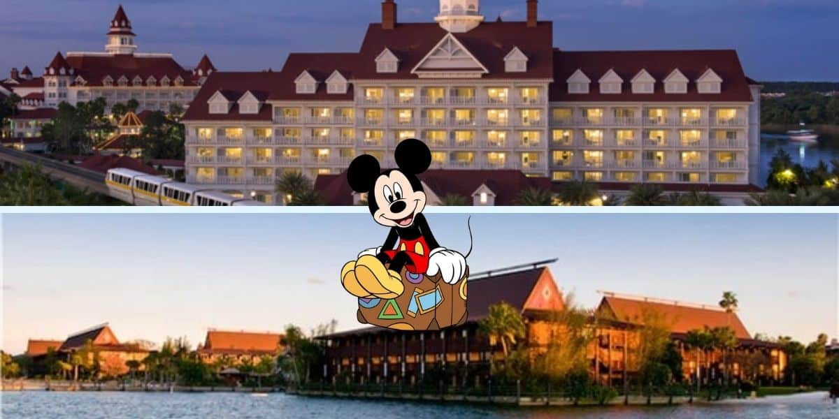 An illustration of a character in front of two resort buildings at Walt Disney World. The top is large and ornate with many lights, while the bottom boasts a Polynesian theme by the water. A playful character sits atop the dividing line, offering a charming alternative for those seeking magical splurges.
