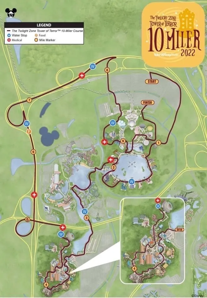 Map of the 2022 Tower of Terror 10-Miler race route winding through Disney World parks, highlighting iconic attractions and must-see locations featured in this electrifying runDisney Springtime Surprise Weekend event.