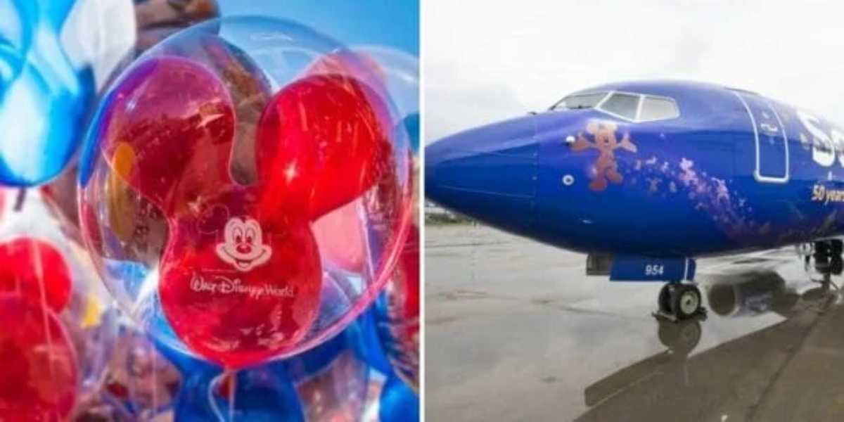 Left side: Close-up of colorful Mickey Mouse balloons with a red Mickey balloon inside a transparent one. "Walt Disney World" and Mickey's face are printed on it. Right side: Airplane painted blue with Disney designs, including Mickey Mouse, near an airport runway — it's like flying with a Disney balloon.