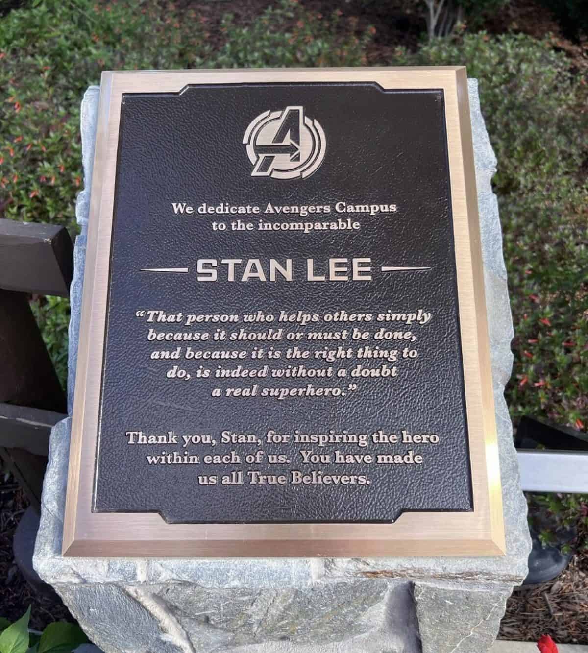 Stan Lee tribute plaque at Avengers Campus in Disney California Adventure, showcasing an inspiring quote and heartfelt thanks for his lasting influence on the Marvel Universe.
