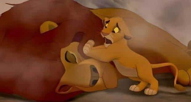 Simba mourning over his father Mufasa in 'The Lion King'