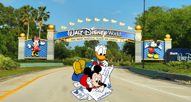Welcome to Walt Disney World! The iconic entrance arch, featuring vibrant cartoon images of Mickey Mouse, Donald Duck, and Minnie Mouse, greets fans under clear sunny skies. This magical gateway captures the excitement and anticipation as you kick off your Disney Parks adventure or arrive at one of the enchanting Disney Resorts.