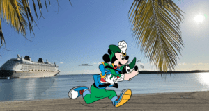 Mickey Mouse and friends sprint along the sparkling shores of Castaway Cay, with the Disney Cruise Line ship gleaming in the distance and palm leaves swaying overhead, embodying runDisney’s lively atmosphere in this magical island setting.