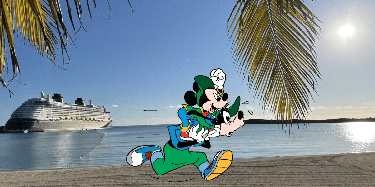 Mickey Mouse and friends sprint along the sparkling shores of Castaway Cay, with the Disney Cruise Line ship gleaming in the distance and palm leaves swaying overhead, embodying runDisney’s lively atmosphere in this magical island setting.