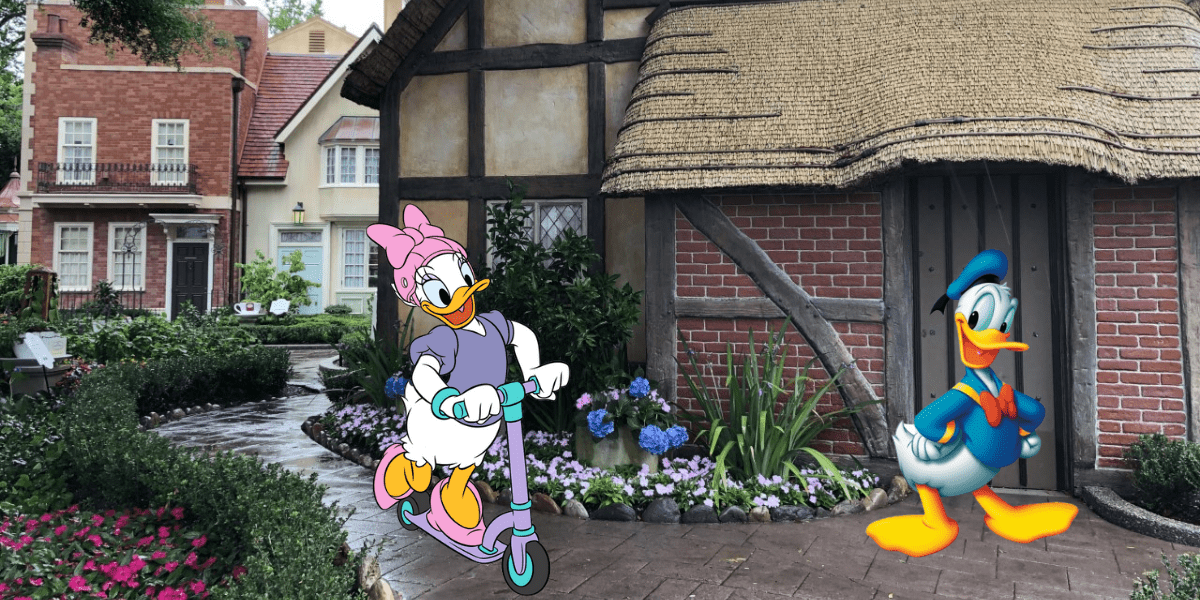 Daisy Duck explores Disney Parks on a Segway scooter near an enchanting cottage, possibly embarking on a special behind-the-scenes tour to uncover park secrets, while Donald Duck looks on from the doorway, enjoying her magical adventure.
