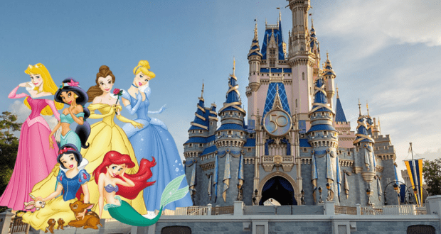 Cinderella, Belle, Ariel, Snow White, Rapunzel, and Tiana pose together in front of Cinderella’s Castle at Walt Disney World under clear blue skies, embodying the excitement and enchantment of a girls’ getaway at the iconic Disney Resort.