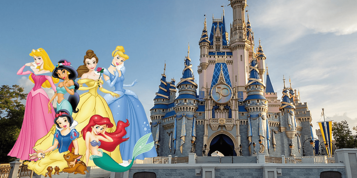 Cinderella, Belle, Ariel, Snow White, Rapunzel, and Tiana pose together in front of Cinderella’s Castle at Walt Disney World under clear blue skies, embodying the excitement and enchantment of a girls’ getaway at the iconic Disney Resort.