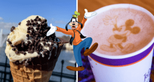 Goofy stands between a chocolate chip-topped ice cream cone and a coffee featuring Mickey Mouse latte art, soaking up the fun atmosphere and delicious treats that make Disney Resorts magical.