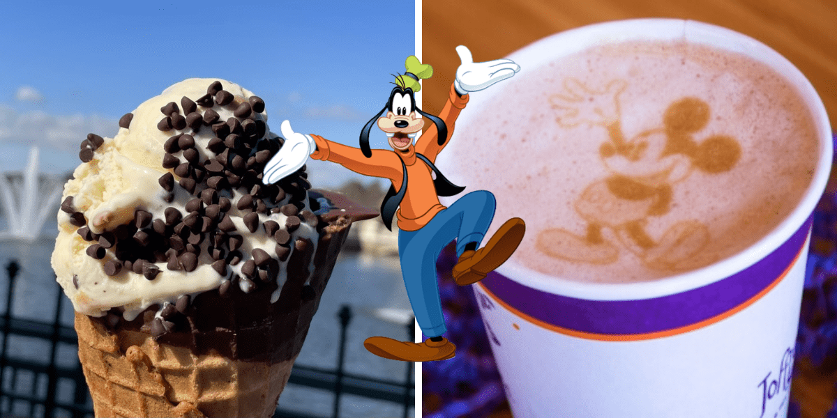 Goofy stands between a chocolate chip-topped ice cream cone and a coffee featuring Mickey Mouse latte art, soaking up the fun atmosphere and delicious treats that make Disney Resorts magical.
