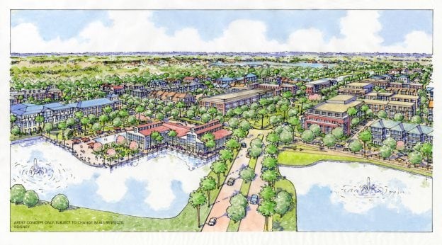 Aerial view of Disney’s Affordable Housing Development, showcasing a vibrant planned community filled with sparkling lakes, lush greenery, and welcoming buildings inspired by Disney magic, all set beneath a bright blue sky—offering future residents the enchanting atmosphere fans expect just moments from Walt Disney World Resort.