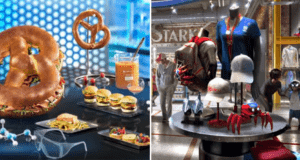 Left: Pretzel sandwich, sliders, and fries served at Avengers Campus. Right: Marvel merchandise displayed in an Avengers Campus shop.