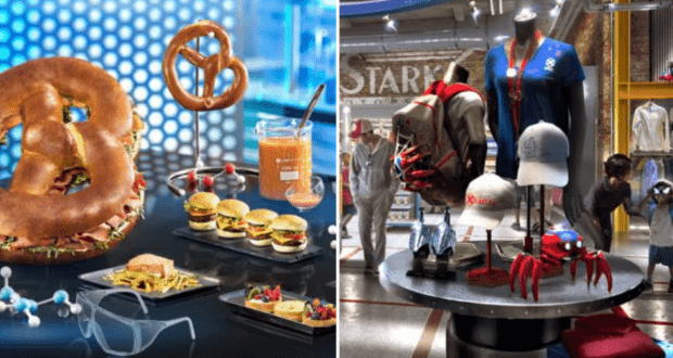 Left: Pretzel sandwich, sliders, and fries served at Avengers Campus. Right: Marvel merchandise displayed in an Avengers Campus shop.