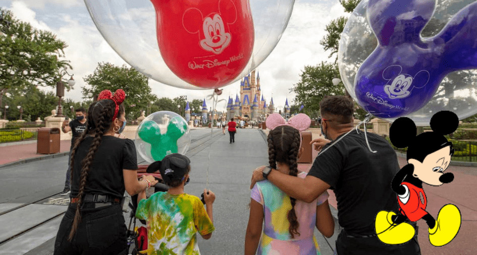 A family holding colorful Mickey Mouse balloons strolls toward Cinderella Castle at Disney World, with a playful cartoon Mickey Mouse in the corner—capturing a magical Disney moment you’ll remember long after your visit.