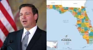 A state official in formal attire presents next to a detailed map of Florida, outlining county borders and major cities, as he discusses how the DeSantis administration’s position could impact Disney World’s Reedy Creek Improvement District.