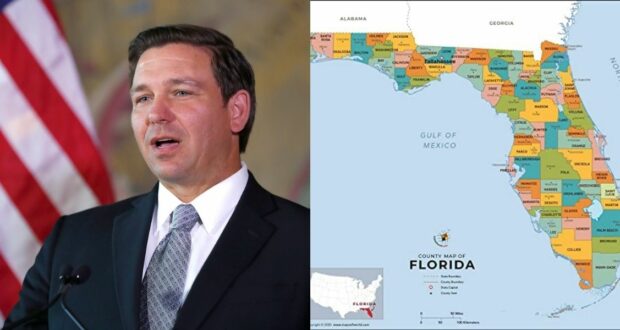 A state official in formal attire presents next to a detailed map of Florida, outlining county borders and major cities, as he discusses how the DeSantis administration’s position could impact Disney World’s Reedy Creek Improvement District.