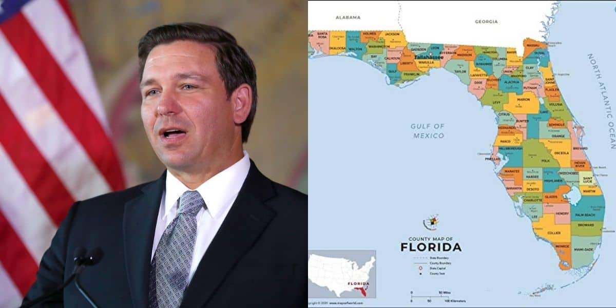 A state official in formal attire presents next to a detailed map of Florida, outlining county borders and major cities, as he discusses how the DeSantis administration’s position could impact Disney World’s Reedy Creek Improvement District.