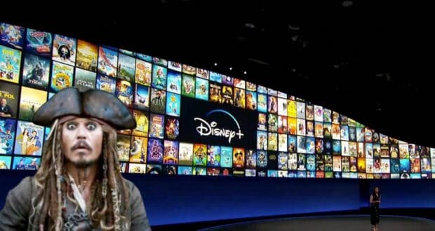 A Disney pirate character stands in front of a Disney+ screen filled with vibrant movie and show thumbnails, as if weighing which magical adventure to stream next with their Disney+ commercial subscription.