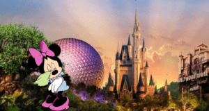 Minnie Mouse joyfully embraces a cheerful green bird with iconic Disney landmarks—the castle and Epcot sphere—in the background, capturing the magic and nostalgia that Disney fans cherish long after their vacation ends.