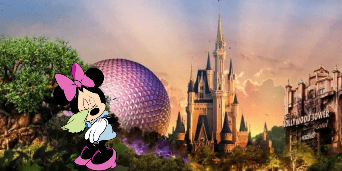 Minnie Mouse joyfully embraces a cheerful green bird with iconic Disney landmarks—the castle and Epcot sphere—in the background, capturing the magic and nostalgia that Disney fans cherish long after their vacation ends.