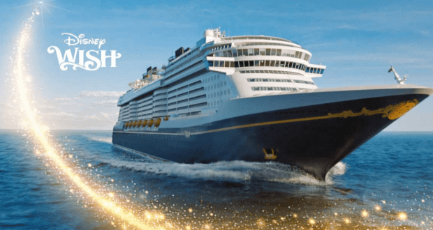 Disney Wish glides across the ocean, surrounded by magical sparkles, as the Disney Cruise Line logo gleams above—capturing all the enchantment of a Disney adventure at sea.