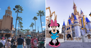 Split image: left, bustling crowds fill Main Street, U.S.A. during peak hours at Walt Disney World; right, Mickey Mouse stands by Cinderella Castle shining under a bright blue sky.