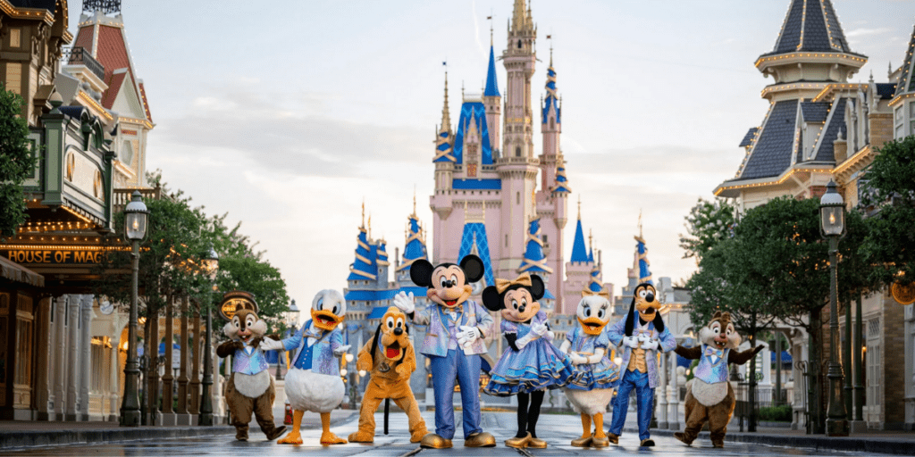 Disney characters, including Mickey and Minnie Mouse, stand in front of Cinderella Castle at Magic Kingdom. They're wearing festive outfits as the castle glows brilliantly. Trees and park buildings line Main Street USA. For a perfect photo tip, capture this enchanting scene just before sunset!.