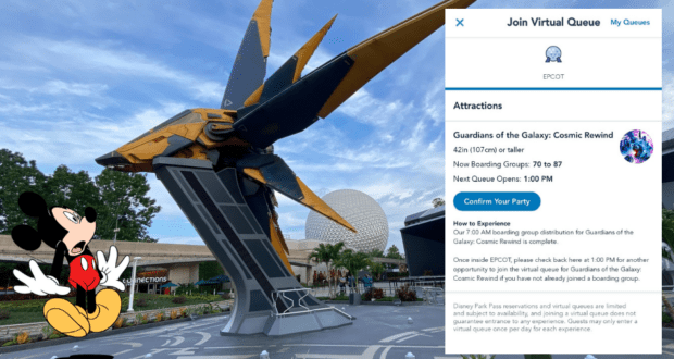 Mickey Mouse greets guests near the Guardians of the Galaxy: Cosmic Rewind attraction at EPCOT, as a smartphone displays the virtual queue system for this exciting Disney World ride.