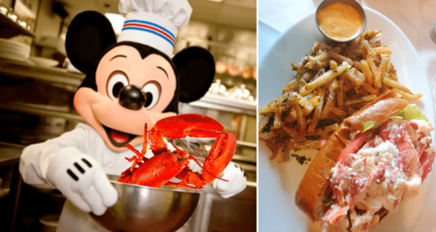 Mickey Mouse dressed as a Disney World chef presents a bowl of fresh lobsters, standing beside a mouthwatering Walt Disney World lobster roll served with golden fries and dipping sauce.