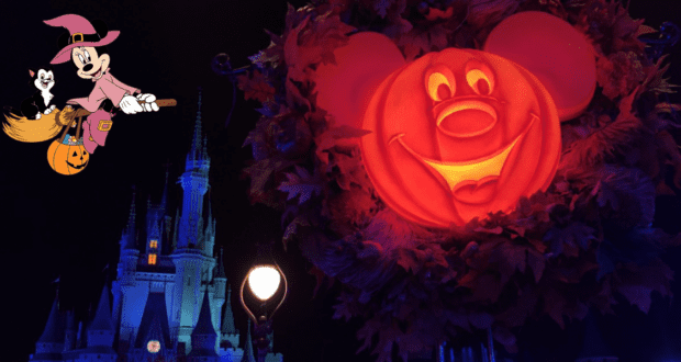 A glowing Mickey pumpkin lights up Main Street as Cinderella Castle towers in the background, while Minnie Mouse, dressed as a witch alongside her cat, brings extra Halloween magic to Magic Kingdom’s festive nighttime celebration.