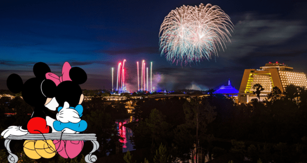 Mickey and Minnie Mouse take in a spectacular fireworks display over a Disney Resort at night, relishing the vibrant bursts of color across the sky from their exclusive Preferred View spot.