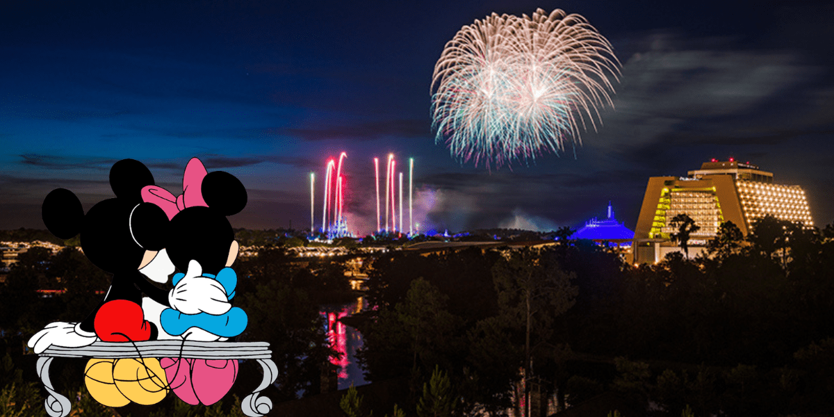 Mickey and Minnie Mouse take in a spectacular fireworks display over a Disney Resort at night, relishing the vibrant bursts of color across the sky from their exclusive Preferred View spot.
