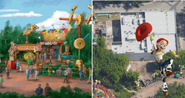 Concept art showcases the inviting entrance to a Disney theme park, with an aerial view revealing family-favorite attractions like the Roundup Rodeo BBQ Restaurant and an impressive giant Jessie statue, all bringing the lively Toy Story atmosphere to life.