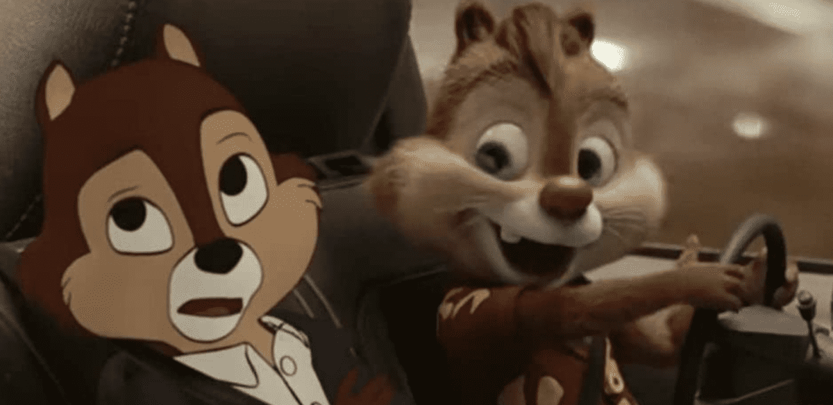 Chip and Dale from Rescue Rangers ride together in a car—Chip at the wheel, thrilled by the adventure ahead, while Dale looks less impressed—all set for a magical journey reminiscent of Disney's whimsical tales.