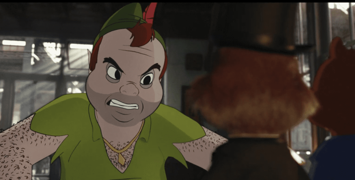 In a scene echoing the dramatic showdowns from classic Disney attractions, a character resembling Peter Pan in his signature green outfit glares at two other figures across a shadowy room, capturing the suspense and rivalry fans might recall from Chip and Dale Rescue Rangers or the timeless confrontations in Peter Pan's Adventures.