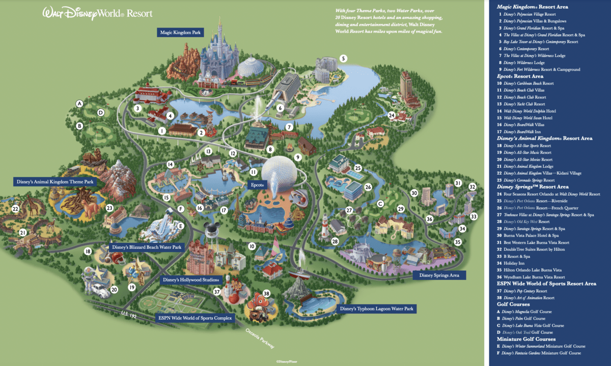 Colorful illustrated map of Walt Disney World Resort featuring the Magic Kingdom, EPCOT, Hollywood Studios, and Animal Kingdom with major attractions highlighted; a labeled list on the right names top rides and shows, plus detailed Disney hotel locations for fans to easily plan their adventure.