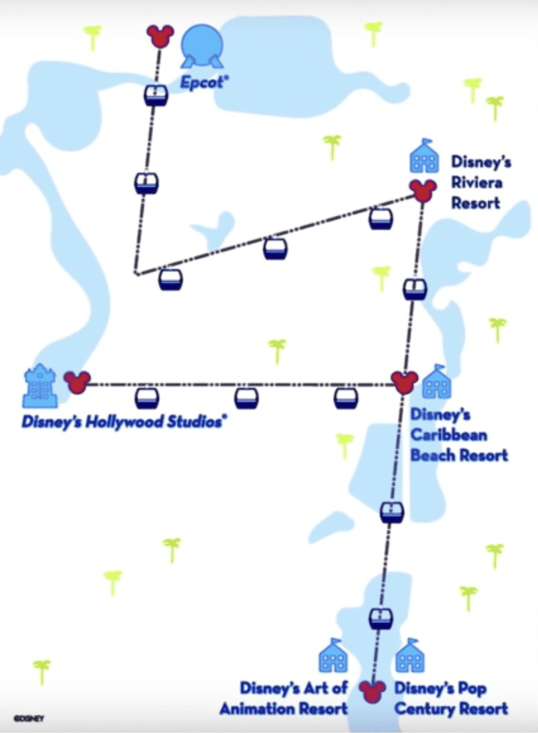 Disney Skyliner route map showing how guests can soar between Epcot, select Disney resorts, and Hollywood Studios, featuring Disney-themed icons and bright dashed lines to highlight each stop—perfect for planning magical, efficient park-hopping adventures.