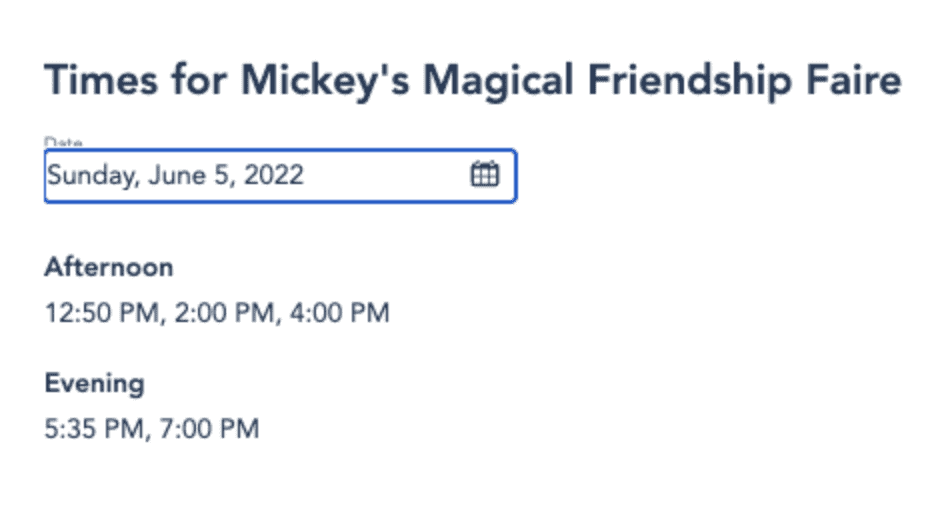 Catch Mickey's Magical Friendship Faire live on June 5, 2022, with showtimes at 12:50, 2:00, 4:00, 5:35, and 7:00 PM. Make magical memories with this must-see performance as part of your Disney World Fireworks Summer 2022 celebration!.