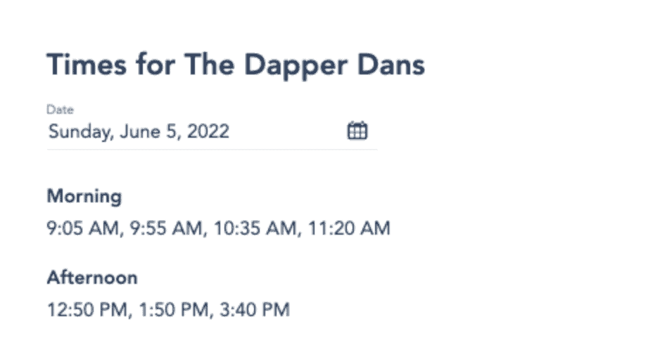 The Dapper Dans performance schedule for June 5, 2022 at Disney World, showcasing morning and afternoon showtimes—ideal for park guests planning their visit around the Summer 2022 fireworks events.