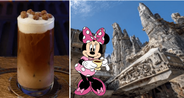 A refreshing iced coffee served at a Disney park café, Minnie Mouse enjoying her signature afternoon tea, and the immersive rocky landscape of Star Wars: Galaxy’s Edge featuring a detailed spaceship.