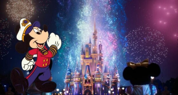 Mickey Mouse, dressed as a captain, takes center stage aboard a magical fireworks cruise at Disney World, proudly posing as dazzling fireworks burst above Cinderella Castle. Minnie Mouse enjoys the spectacular view from the ship’s deck, surrounded by festive excitement and Disney magic.