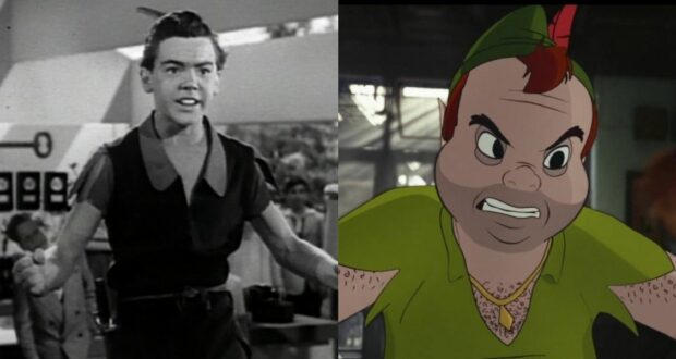 Split image: a striking black-and-white portrait of a performer side-by-side with an animated character dressed in Peter Pan’s signature green costume, both displaying bold, adventurous expressions—capturing the whimsical excitement and daring spirit found in classic Disney parks favorites like Chip and Dale Rescue Rangers or Peter Pan's Flight.