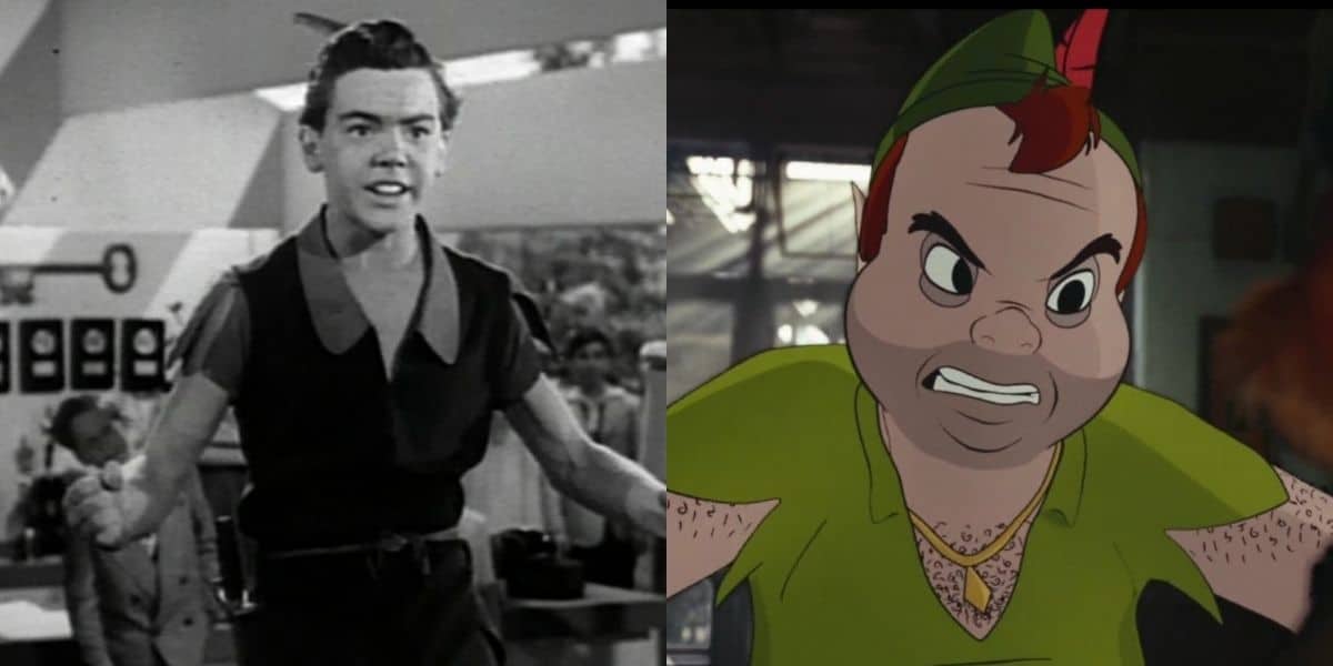 Split image: a striking black-and-white portrait of a performer side-by-side with an animated character dressed in Peter Pan’s signature green costume, both displaying bold, adventurous expressions—capturing the whimsical excitement and daring spirit found in classic Disney parks favorites like Chip and Dale Rescue Rangers or Peter Pan's Flight.