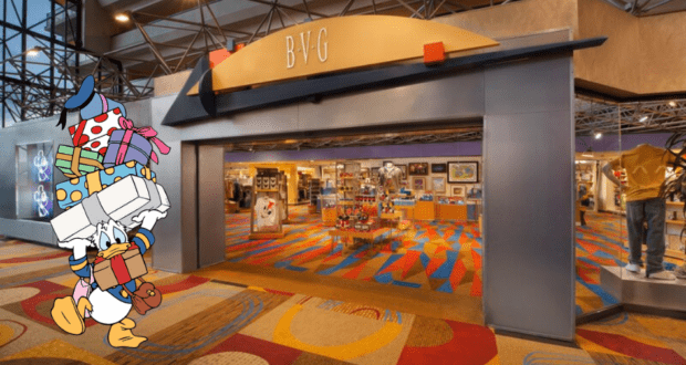Donald Duck, arms full of gifts, greets guests outside a sparkling BVG store that glows like a classic Disney resort shop. Through the windows, bursts of vivid carpet and dazzling merchandise displays invite visitors to dive into the magic inside.