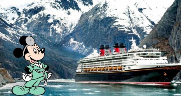 Mickey Mouse, dressed as a friendly doctor, stands beside a grand Disney Cruise ship set against snowy mountains, ready to share the latest cruise testing updates with eager Disney fans preparing for their magical adventure.