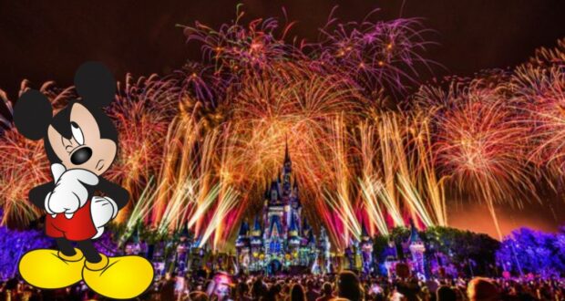 Mickey Mouse greets guests in front of Cinderella Castle as vibrant fireworks burst across the night sky above a bustling Disney World crowd, capturing the excitement that comes from perfectly timed visits to the park.